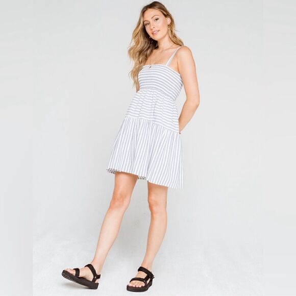 LUMIERE Urban Outfitters Stripe Smocked Blue & White Babydoll Dress Size Large - Picture 7 of 13